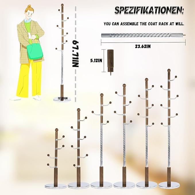 73 in Wood Coat Rack, Coat Rack Freestanding with Stable Round Base, Adjustable Height Tree Coat Racks Stand for Home Bedroom Office Hallway Entryway (Walnut Metal Hook)