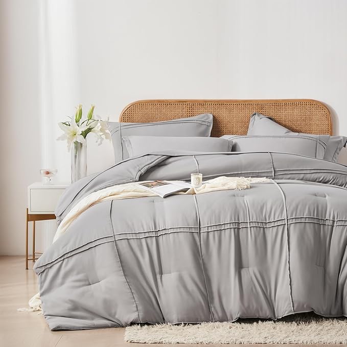 Yogeneg Queen Comforter Set 7 Piece Bed in a Bag,Grid Pinch Pleat Grey Bedding Set,Striped Textured Soft Microfiber Comforter with Sheet Set,All Season Complete Bed Set(Grey,Queen)