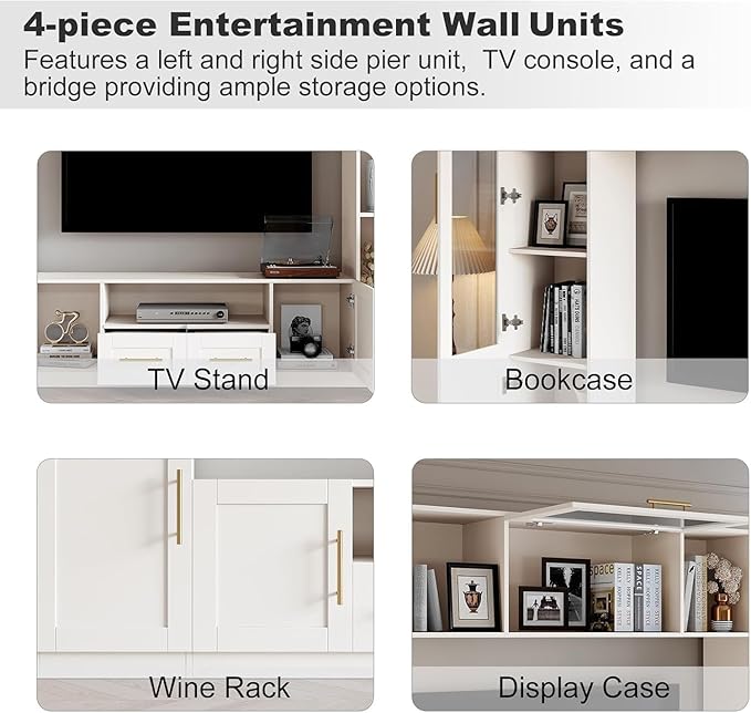 Entertainment Wall Unit, 4-Piece Large TV Stand Wall Unit Entertainment Center with Bookshelves & Storage, Wall Media Center with Shelves for TVs Up to 70", Media Console for Living Room, White.