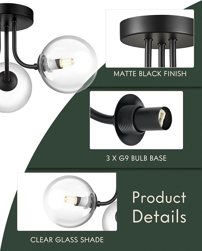 3-Globe Black Flush Mount Ceiling Light in a Modern Farmhouse Design is Ideal for Living Rooms, Bedrooms, or Dining Rooms. Model:CKCL4845-3W-CLBK