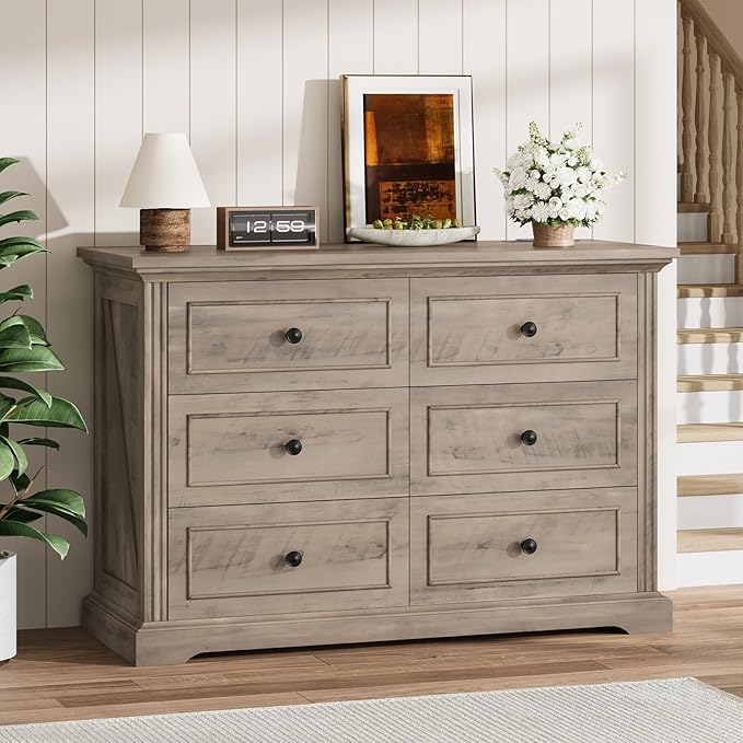 QUW Farmhouse 6 Drawer Dresser for Bedroom, 47" Wide Wood Chest of Drawers with Charging Station, Metal Handle, Modern Closet Clothes Storage Organizer for Living Room, Hallway, Entryway, Grey