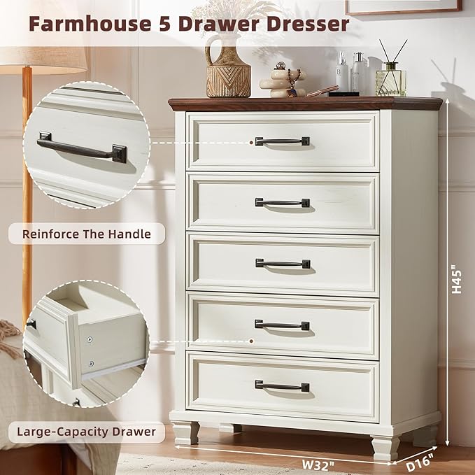 Farmhouse 5 Drawer Dresser for Bedroom, 45” Tall Dresser for Closet, Rustic Wooden Chests of Drawer for Bedroom, Hallway, Entryway, White