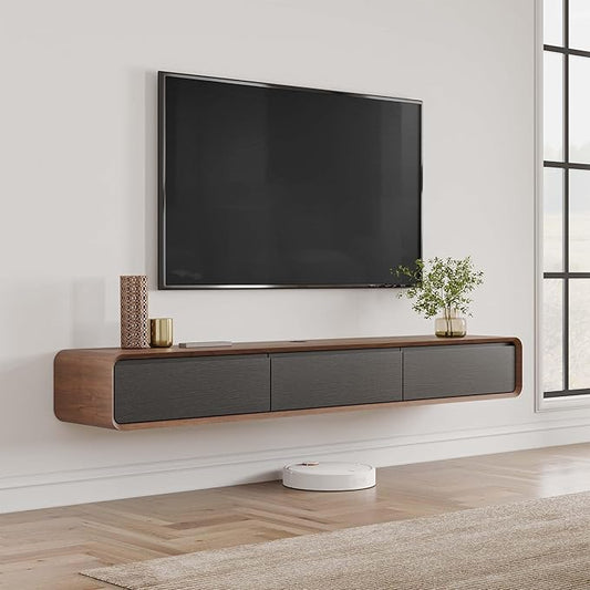 POVISON Fully Assembled Floating TV Stand, 63 inch Modern TV Stand with 3 Flip-Down Cabinet Doors, Solid Wood Floating Entertainment Center, Wall Mounted Media Console for Living Room