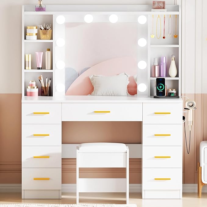 ANWBROAD Large Vanity Desk with Mirror and Lights 43" Makeup Vanity Desk with Lights 3 Colors 9 Drawers Power Outlet 6 Storage Shelves 5 Hooks White Dressing Table with Stool for Bedroom Girls UBDT87W