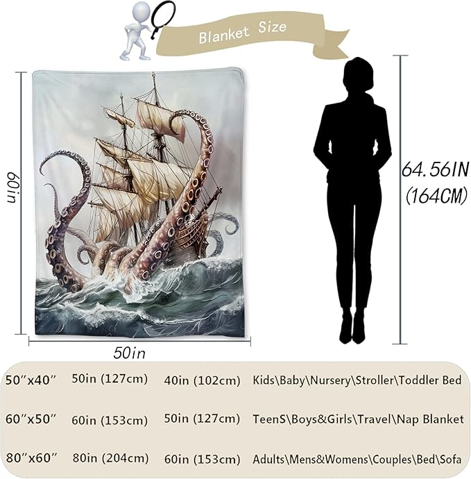 Octopus Nautical Blanket - Ultra Soft, Fluffy, Lightweight Flannel Throw Blankets for Couch, Bed, Travel, Outdoor - Cozy, Fuzzy Animal Home Decor, for Adults Kids Men Boys 50×40 in