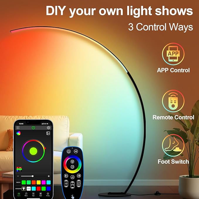 RGB Dimmable Arc Floor Lamps with 3 Color Temperatures, Ultra Bright 1800LM LED Floor Lamps for Living Room, Modern Standing Tall Lamp with Remote Control, Reading Floor Lamp for Bedroom Office