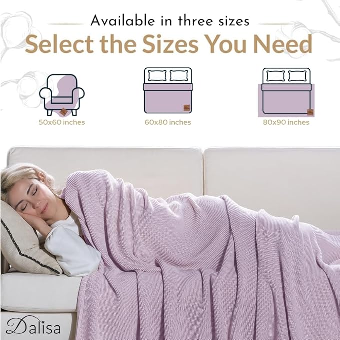 Dalisa 100% Organic Turkish Cotton Throw Blanket - GOTS Certified, Cozy - Perfect for Couch, Bed, and Home Decor - Boho Vintage Knit Alina (Lavender Frost, 60x80)