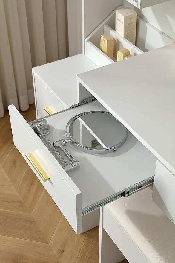 Extra Large Vanity with Folding Up Mirror and Lights,58.3'' Makeup Vanity Desk with Mirror and Lights,Outlet, Chair and Two Makeup Organizers,Dressing Table for Bedroom,White