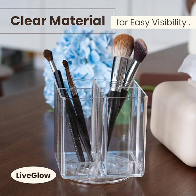 Clear Makeup Brush Holder,Acrylic Rotating 360°Makeup Brush Organizer,Pen holder with 4 Grids,Makeup Holder for Courtup,Containers for Desk