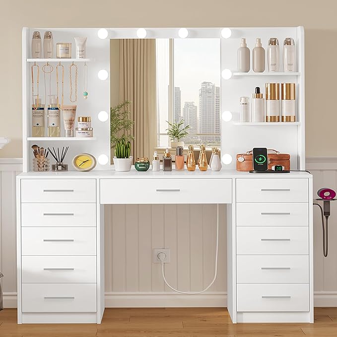 47.2" Large Vanity Desk with Mirror and Lights, Makeup Vanity with 11 Drawers & 6 Open Shelves, 3 Lighting Modes, Brightness Adjustable, White