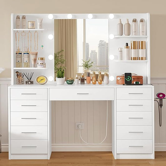 47.2" Large Vanity Desk with Mirror and Lights, Makeup Vanity with 11 Drawers & 6 Open Shelves, 3 Lighting Modes, Brightness Adjustable, White