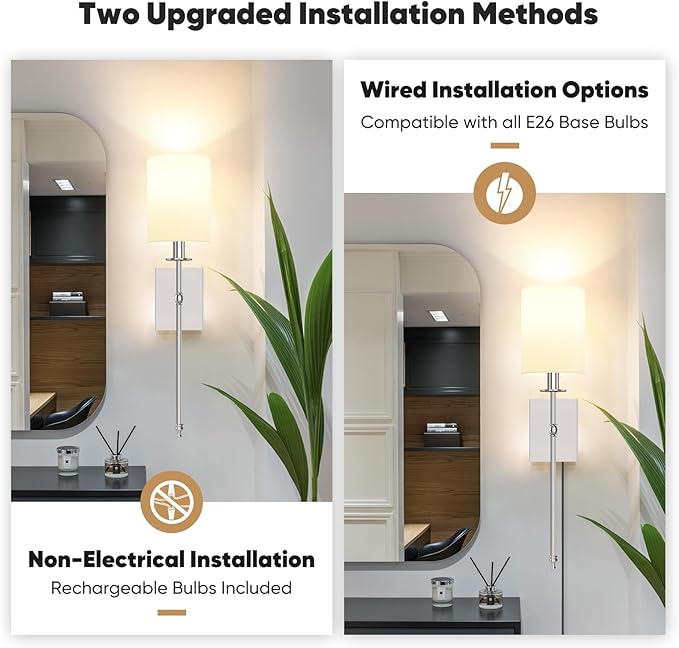 24.8 Inch Battery Operated Wall Sconces Set of 2 with Remote, Brushed Nickel Rechargeable Wireless Wall Lights with White Fabric Shade, Cordless Wall Lamps with Dimmable Detachable Bulbs for Bedroom