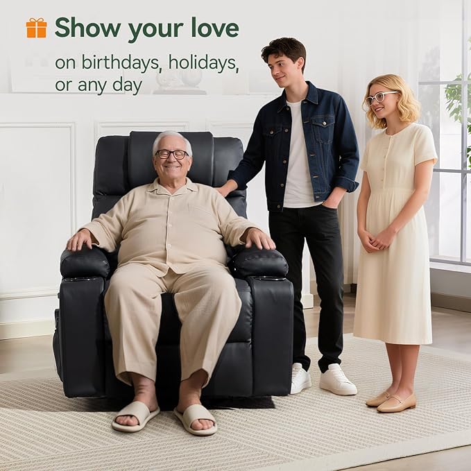Power Lift Recliner Chair for Elderly with Heat & Massage, 160° Electric Adjustable PU Leather Recliner with Remote Control, Stand Assist, Cup Holders & Side Pockets for Living Room (Black)