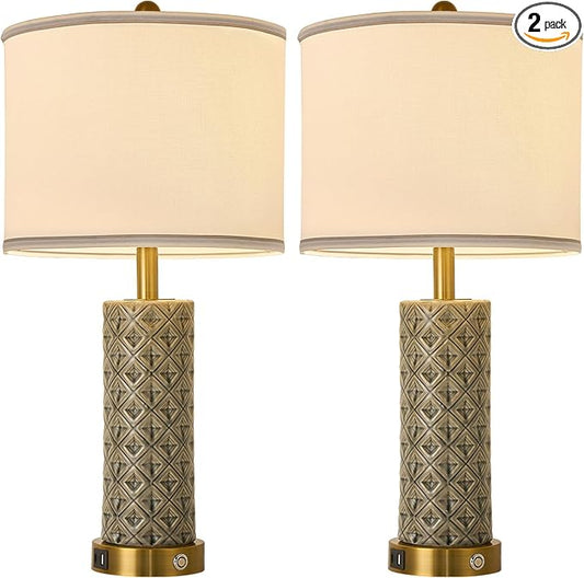 Set of 2 Table Lamp for Living Room Bedroom Farmhouse,26'' Touch Control Bedroom Smoke Grey Ceramic Lamps 3-Way Dimmable Bedside Lamps with USB A+C Ports Linen Shade for Home