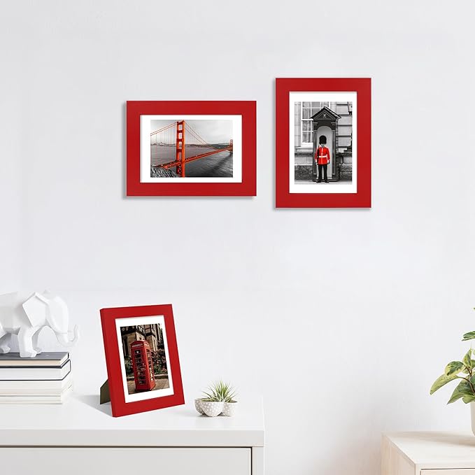 4x6 Picture Frame Set of 4, High Definition Real Glass, Display Pictures 3.5x5 with Mat or 4x6 Without Mat, Gallery Wall Hanging or Tabletop Photo Frames, Red
