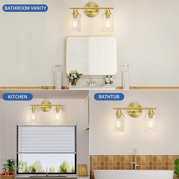 GORDNWE 2-Light Bathroom Wall Sconce, Gold Vanity Light, Modern Wall Light Fixture with Clear Glass, J0019
