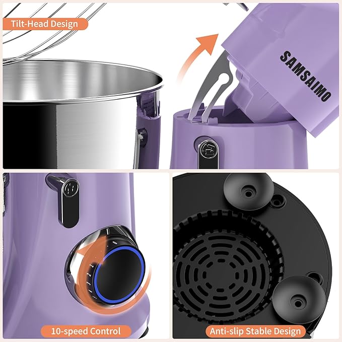 3-IN-1 Electric Stand Mixer, 660W 10-Speed With Pulse Button, Attachments include 6.5QT Bowl, Dough Hook, Beater, Whisk for Most Home Cooks, Vine Purple