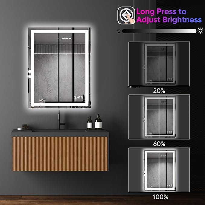 Antok 28"x 36" LED Bathroom Mirror with Lights, Anti-Fog, Dimmable, Lighted Vanity Mirror with Tempered Glass, Memory Function, 11 Light Modes, Safe Use, Horizontal, Vertical