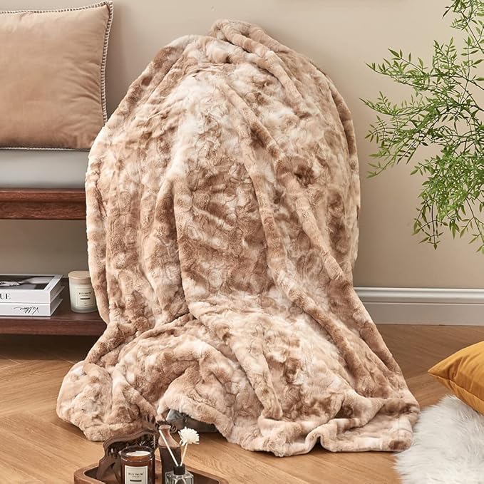 Krifey Faux Fur Throw Blanket, Super Soft Cozy Blanket, Luxury Fluffy Blanket Warm Bed Throw, Plush for Women, Marbled Beige 50" x 60"