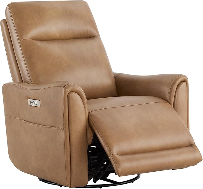 Watson & Whitely Power Recliner Chairs for Adults, Swivel Rocker Recliner Chair with Charging Ports for Living Room, Faux Leather RC011 (Camel)