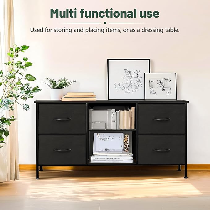 TV Stand for Bedroom, Television Stand for TV up to 46 Inch Entertainment Center Dresser with 4 Drawers Open Storage Shelves for Living Room, Entryway (Black and Charcoal Black)