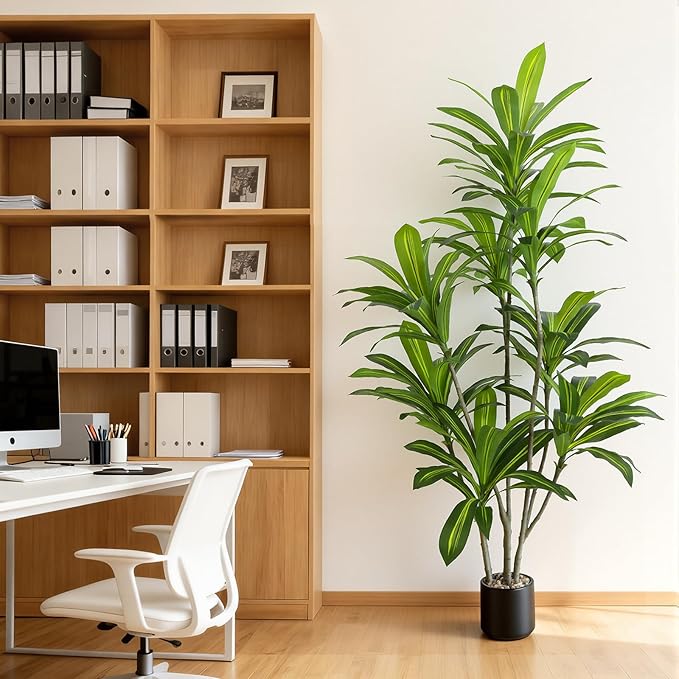 Artificial Dracaena Tree 6FT Tall, Realistic Faux Indoor Floor Plant for Home & Office Decor, Black Round Planter with Decorative Stones – UPBUD