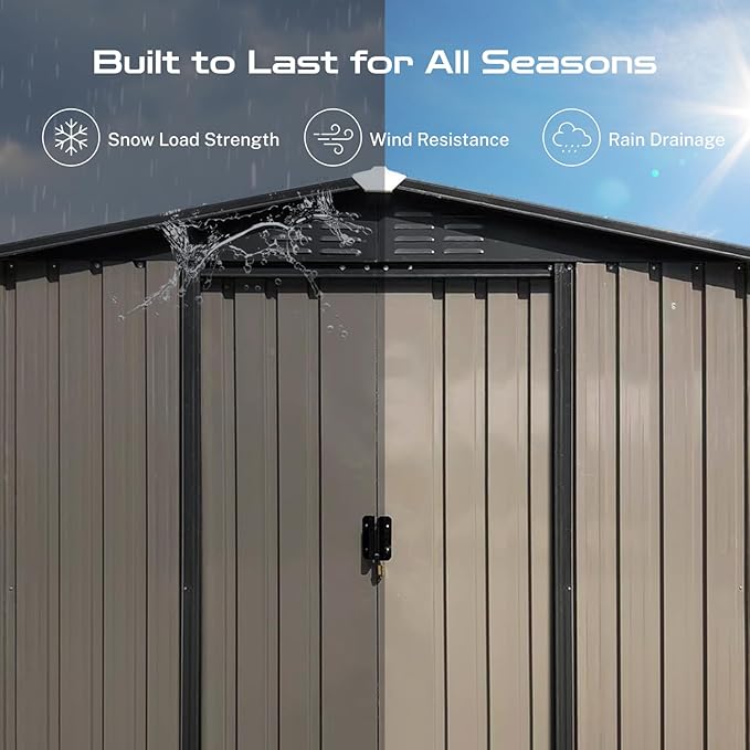 6 x 4 FT Outdoor Storage Metal Shed, Bike Garden Tool Shed with Slooping Roof, Lockable Doors and Aluminum Frames, Shed Easy to Assemble for Garden, Patio, Lawn, Brown