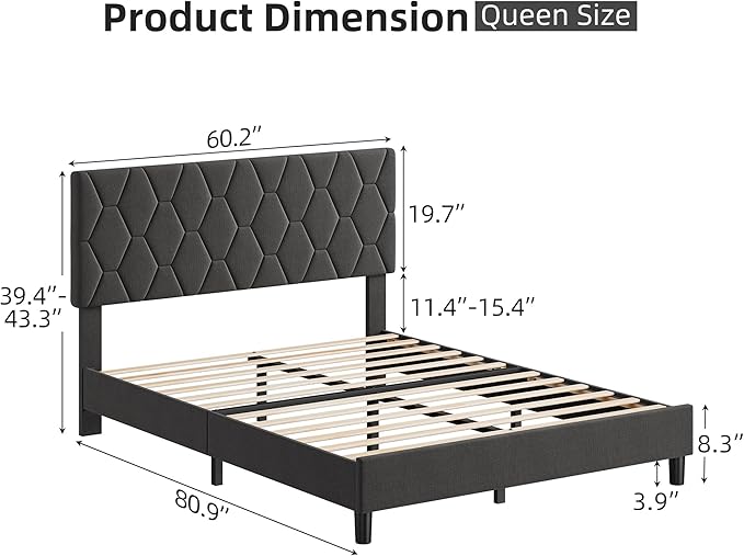 GAOMON Grey Queen Bed Frame with Upholstered Headboard, Heavy-Duty Platform Bed Frame with Strong Wood Slats, No Box Spring Needed/Easy Assembly/Noise Free