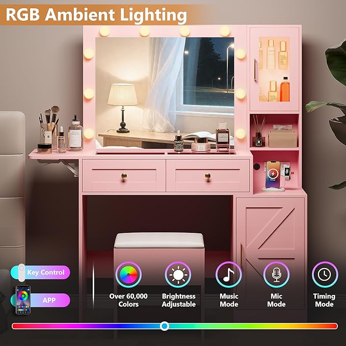 Makeup Vanity Desk with Mirror and Lights, Pink Vanity Table with LED Lighted Mirror & Power Outlet, Dressing Table with Chair, Large Storage Drawer & Cabinet, and Foldable Panel for Girls’ Bedroom