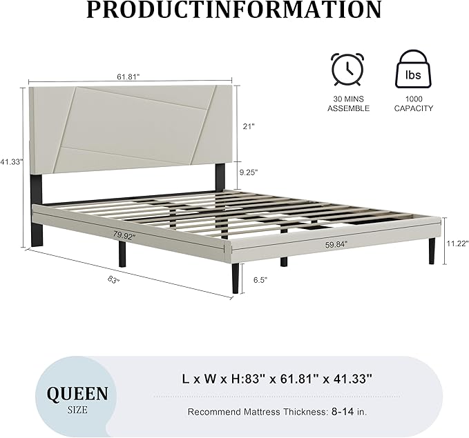 Queen Size Bed Frame, Queen Platform Bed Frame with Velvet Upholstered Headboard, Geometric Pattern, Sturdy Frame and Slats, Noiseless, No Springs Required, Easy to Assemble，Beige