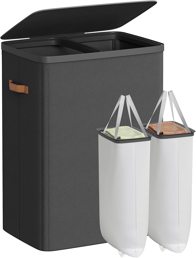 SONGMICS Laundry Basket, 44.9 Gal. Laundry Hamper, 2 Compartments, Easy Assembly, with Lid and Handles, Removable Liners, 22 x 15.7 x 29.5 Inches, Ink Black ULCB813B01