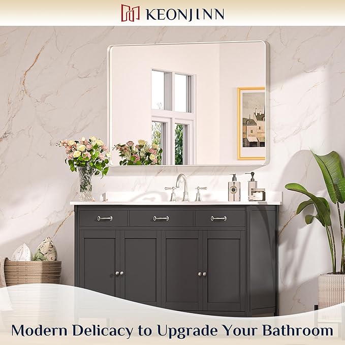 Keonjinn Brushed Nickel Mirror 40 x 30 Inch Large Silver Bathroom Mirror for Over Sink, Rounded Rectangle Farmhouse Vanity Mirror with Metal Frame, HD Tempered Glass Wall Mirror(Horizontal/Vertical)