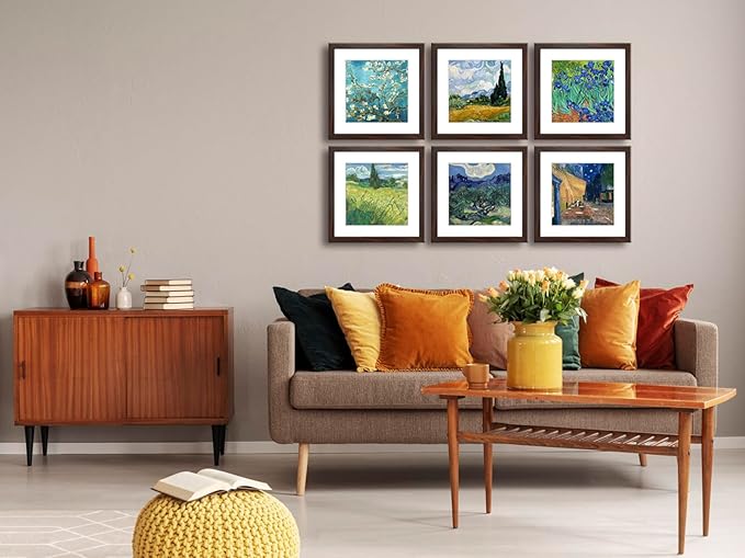 11x11 Picture Frame Set of 6 with Real Glass for Pictures 8x8 with Mat or 11x11 Without Mat, Wall Gallery or Tabletop display Photo Frames in Walnut