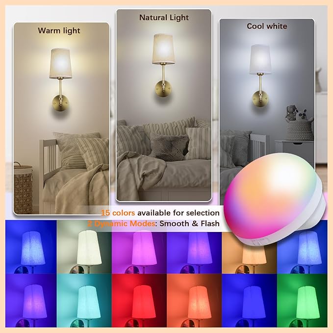 Battery Operated Wall Sconces Set of 2, Gold Rechargeable Wall Lights with 15 RGB Dimmable Detachable Bulbs and Remote, Wireless Battery Powered LED Wall Lamp for Living Room Bedroom