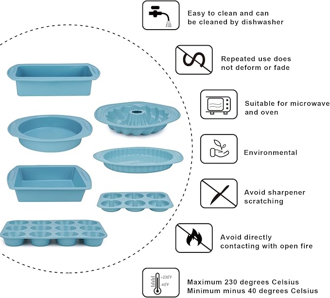 9in1 Nonstick Silicone Baking Bundt Cake Pan Cookie Sheet Molds Tray Heat Resistant Bakeware Tools Kit for Muffin Loaf Bread Pizza CupcakeUtensil