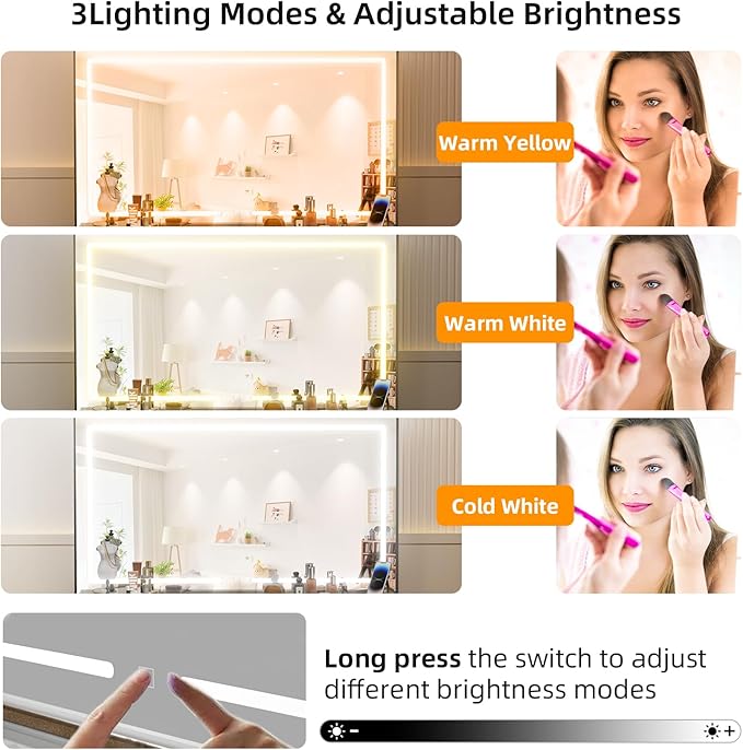 Makeup Vanity Desk with Lights, 46'' Glass Top Vanity Set with Charging Station, 7 Drawers Vanity Table with Cushioned Stool, 3 Lighting Modes Brightness Adjustable,Black