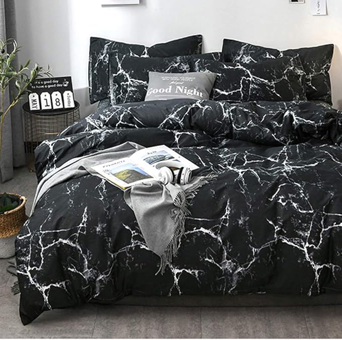 CLOTHKNOW Black Grey White California King Comforter Set Marble Bedding Comforter Sets Black Comforter Abstract Black Comforter with 2 x Pillow Cases