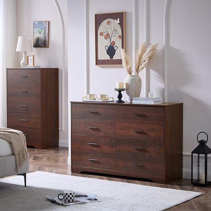 LIDYUK Dresser for Bedroom, Wood Dresser with 8 Drawers, Modern Minimalist Style Dressers & Chests of Drawers, 48 Inches Wide Chest of Drawers for Bedroom, Hallway, Dark Cherry