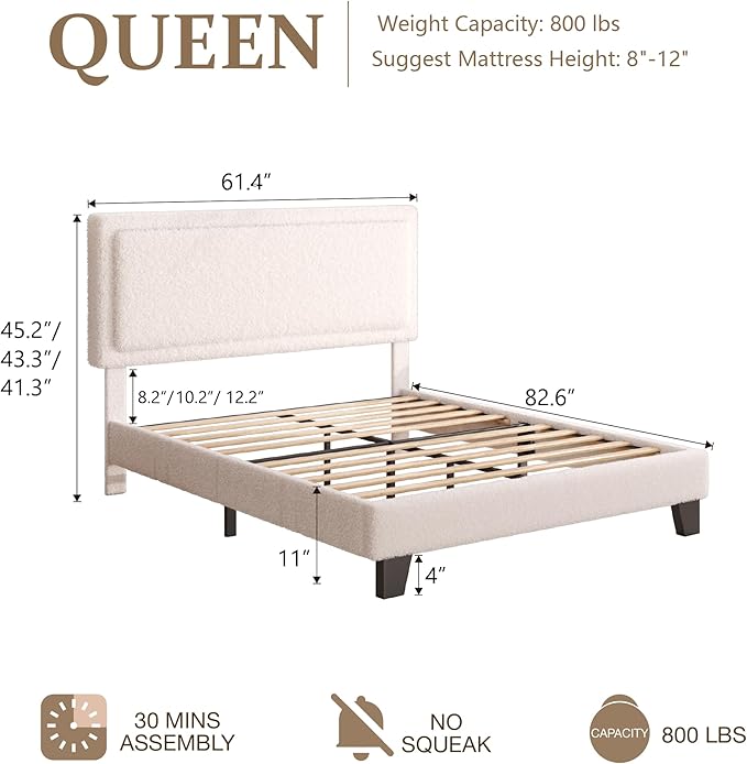 Queen Size Bed Frame, Upholstered Platform Bed Frame with Adjustable Headboard, Soft Boucle Fabric, Modern Style, No Box Spring Required, Easy Assembly, Off-White