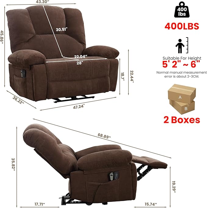 Oversized Power Recliner Chair 350lb with Hidable Cup Holders, Extra Wide Large Big Electric Recliner Chair with Lumbar Support Pillow Nursery Chair Living Room (Power, BROWN-6001)