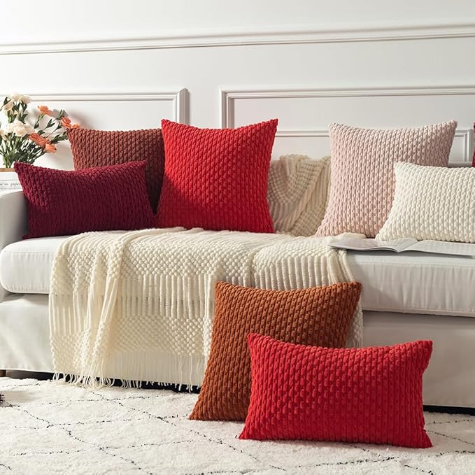 Kevin Textile Pack of 2 Corduroy Decorative Throw Pillow Covers 12x20 Inch Soft Boho Striped Christmas Pillow Covers Modern Farmhouse Home Decor for Sofa Living Room Couch Bed Red