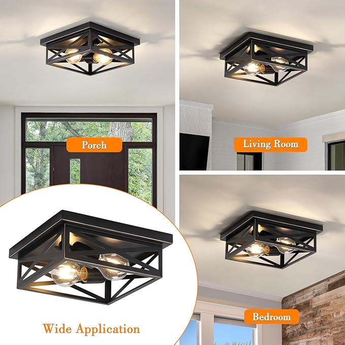 2Pack Flush Mount Ceiling Light Fixture,Black Farmhouse Kitchen Lighting Fixtures Ceiling Rustic Light Fixtures for Dining Room, Kitchen, Porch, Hallway, Entryway(Black & Gold Border)