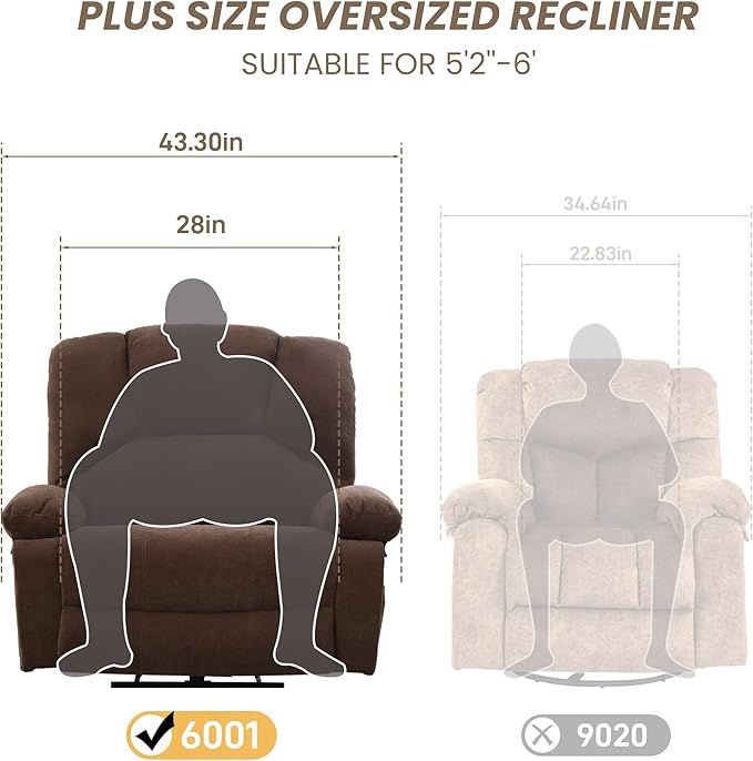 Oversized Power Recliner Chair 350lb with Hidable Cup Holders, Extra Wide Large Big Electric Recliner Chair with Lumbar Support Pillow Nursery Chair Living Room (Power, BROWN-6001)