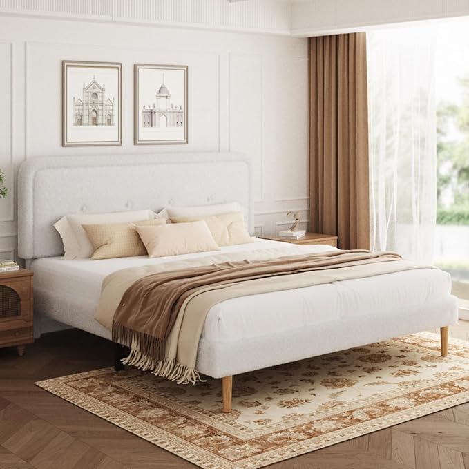 Queen Size Boucle Platform Bed Frame, Anti-Collision Soft Rounded Corners, Adjustable Headboard, No Box Spring Needed, Easy Assembly, Noise Free, White
