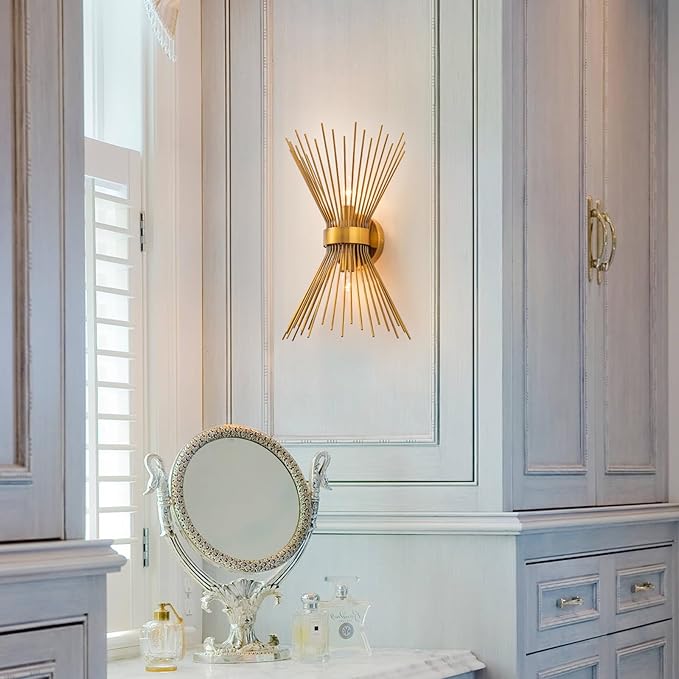 EDISLIVE 2-Bulb Vanity Light Mid-Century Modern Starburst Wall Sconce Lamp Sunburst Sconce Wall Light for Powder Room Bedroom Bathroom