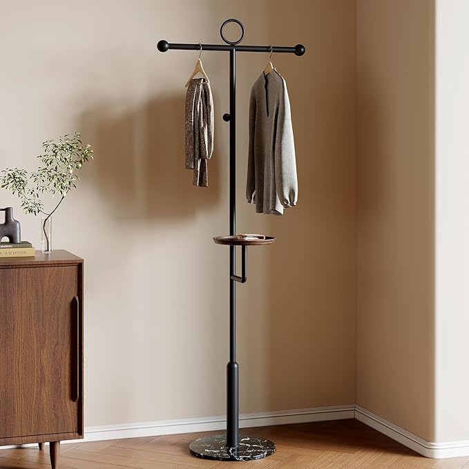 Coat rack freestanding Metal coat rack stand with round storage tray & Marble Base for Bags Hats Scarfs Purses Coat Hanger Stand Coat Tree for Home Office Hall Entryway