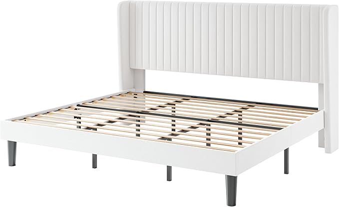 SHA CERLIN King Size Velvet Bed Frame with Vertical Channel Tufted Wingback Headboard, Upholstered Platform Bed with Wood Slats, No Box Spring Needed, Easy Assembly, White