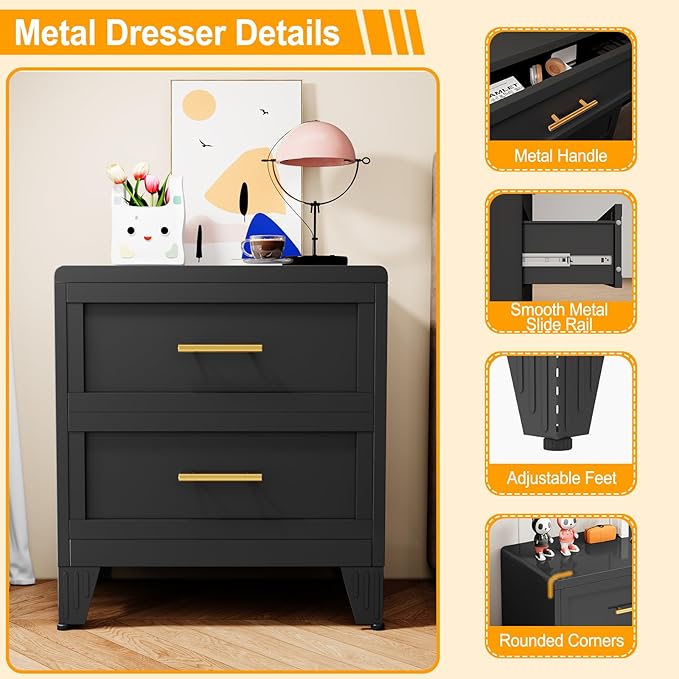 Metal Dresser Narrow Dresser for Bedroom Chest, 26.42" H Drawer Chest, Closet Dressers & Chests of Drawers for Living Room, Hallway (2 Drawers Black 24inch Wide)