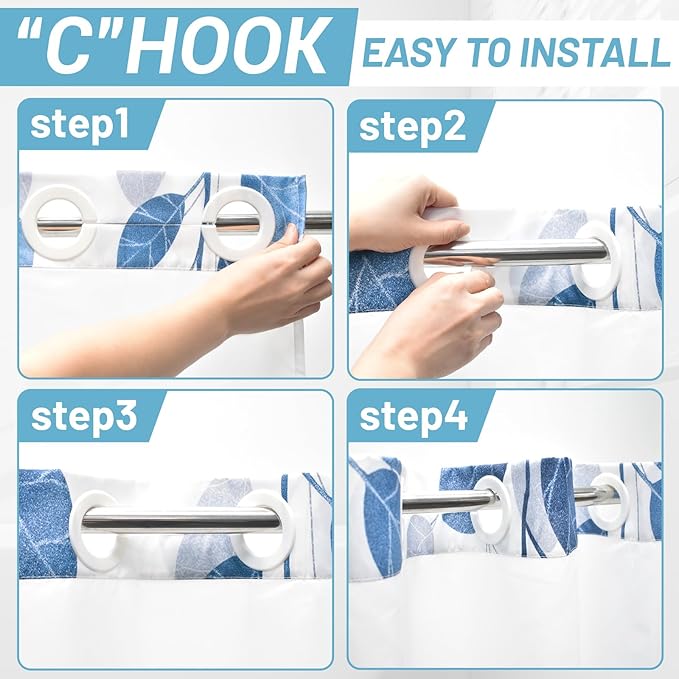 No Hook Shower Curtain with Snap in Liner - Eucalyptus Shower Curtain - Fabric Waterproof Inner Liner, Plants Blue Leaves Farmhouse Cloth Shower Curtains - Machine Washable, 71 x 74 Inch