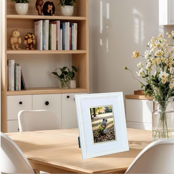 8x10 Picture Frame for Wall or Tabletop Oak Wood, 5x7 Picture Frame with Mat,8 x 10 Premium Photo Frame with Real HD Tempered Glass,Ideal for Home Decor, Art Gallery,White, 1 Pack
